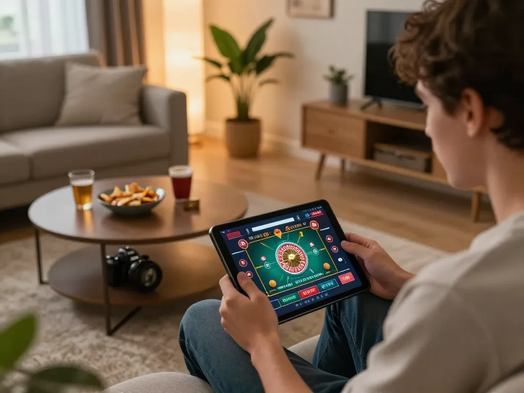 Engaging in ดูหนังออนไลน์ while using a tablet for a live casino game in a cozy living room.