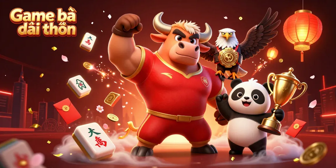 A dynamic scene showcasing Game bài đổi thưởng elements with a bull mascot, eagle, and panda in an online casino celebration.