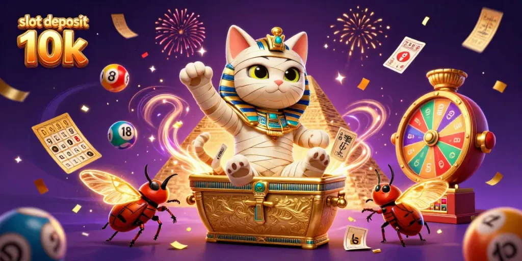 Rasakan keseruan slot deposit 10k dengan karakter kucing mummy dan scarab di kasino pyramid.