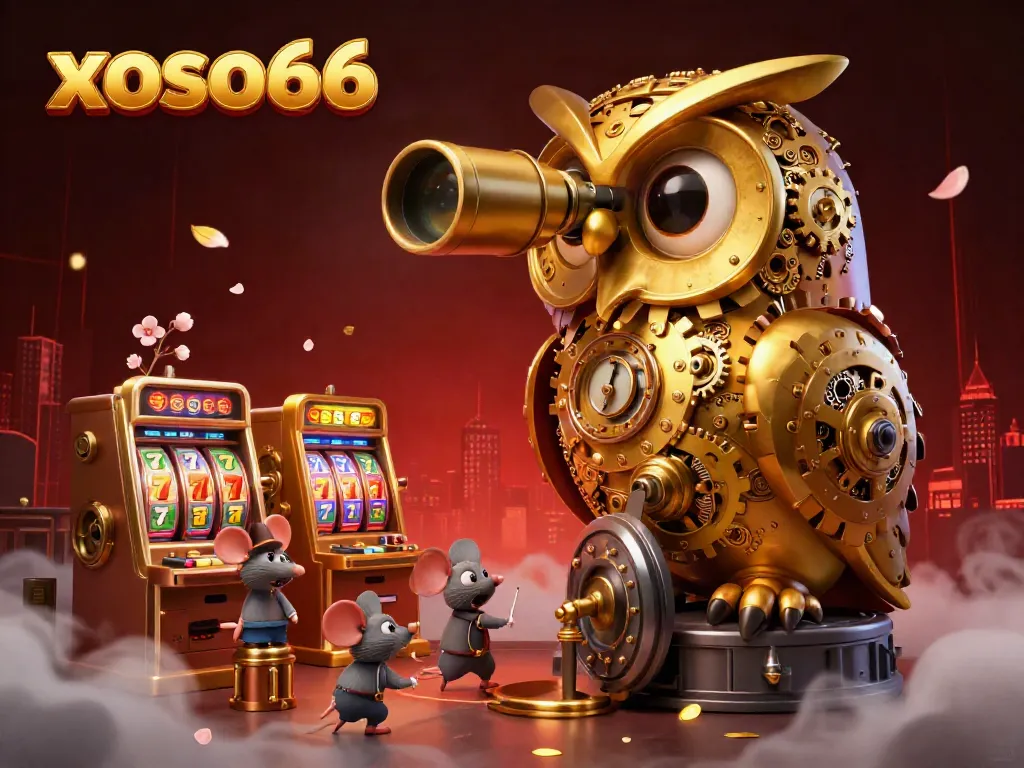Spin to win with xoso66 as a lively owl oversees a captivating casino scene filled with slot reels and jackpot excitement.