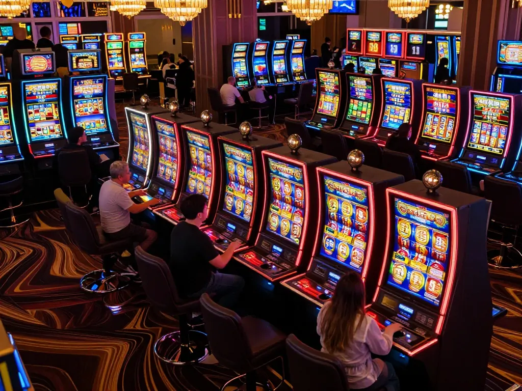 Players enjoying the thrill of LGOLUX slot machines in a vibrant casino atmosphere