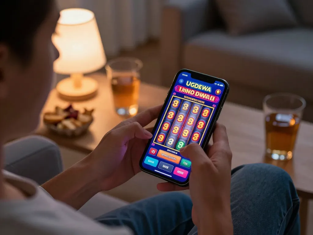 Engaged player enjoying the UGDEWA app for online slot gaming on smartphone in a cozy environment