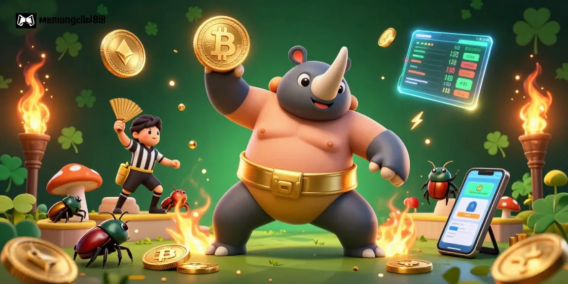 Experience the thrill of gaming at menangclub88 with a vibrant illustration of a rhinoceros beetle champion surrounded by glowing crypto coins.