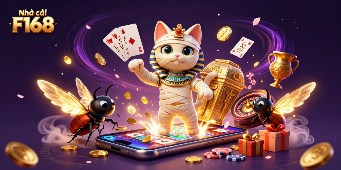 Engaging scene showcasing Nhà cái F168 with a cartoon Egyptian mummy cat in a pyramid casino theme, bursting with action and entertainment elements.