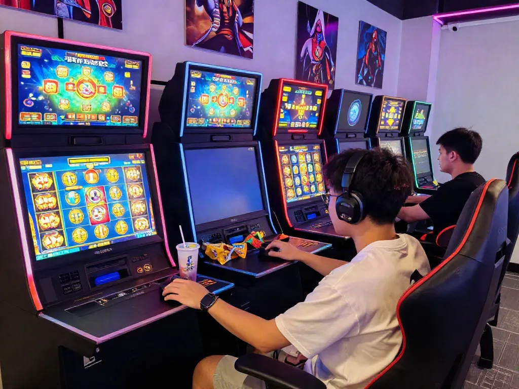 SLOT GACOR gaming scene with player engaged in vibrant digital slot machines, snacks nearby, and immersive atmosphere.