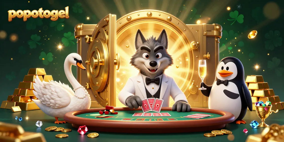 Experience thrilling games at popotogel with a dynamic scene of a debonair wolf and elegant characters in a sparkling casino environment.