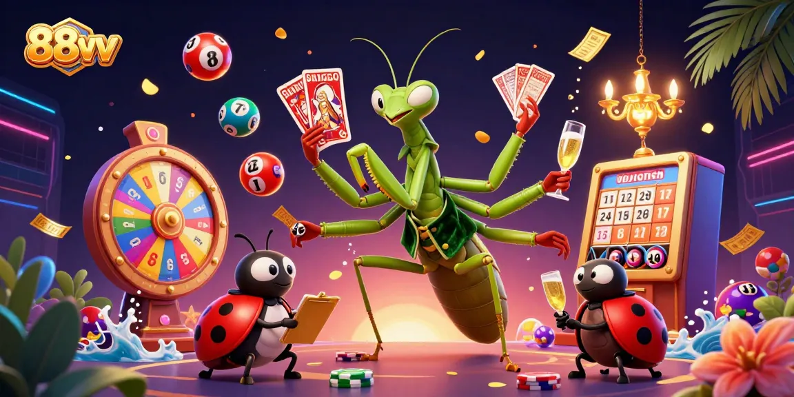 Delight in the excitement of 88vv as a giant mantis showcases thrilling casino games amidst a dynamic backdrop.