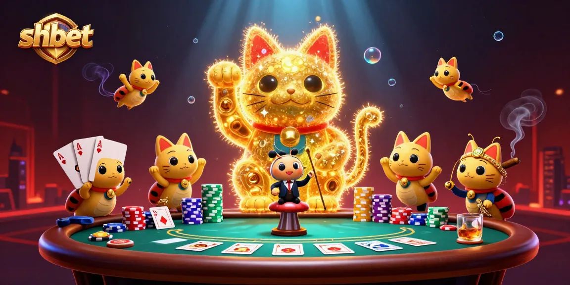 Engage with shbet's thrilling casino experience showcasing a lucky cat and vibrant poker elements.