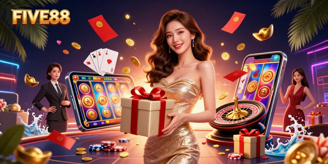 FIVE88 luxury casino illustration featuring a gorgeous Asian woman holding a festive gift box with coins, amidst vibrant gambling elements