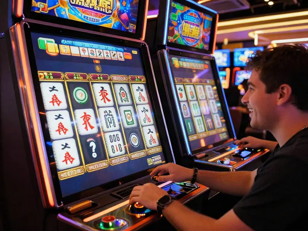 Penggunaan slot mahjong yang menarik pada mesin slot digital, menunjukkan simbol warna-warni dan suasana kasino modern.