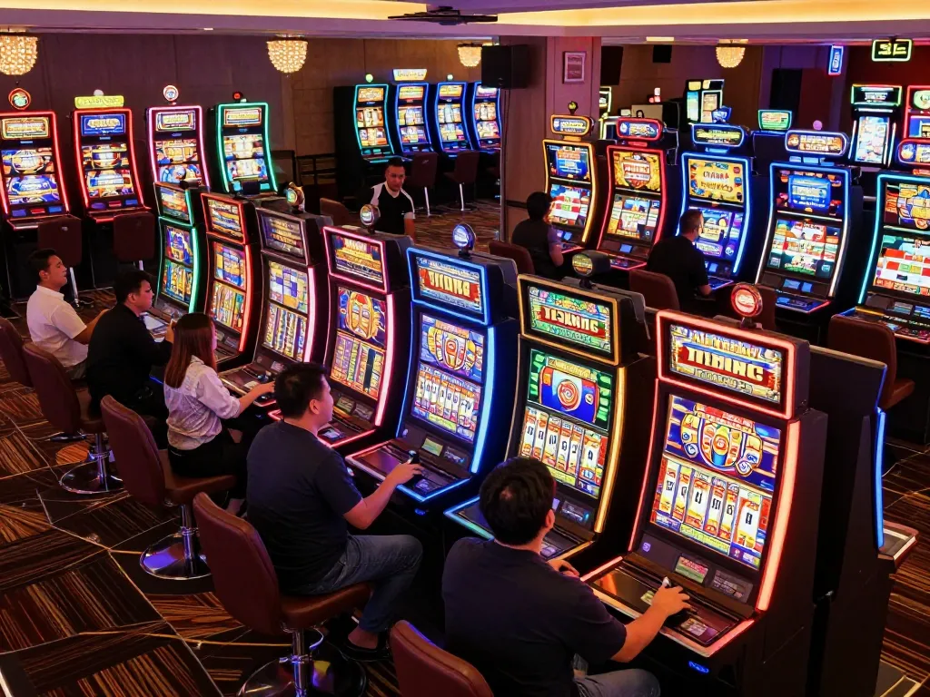 Players engaging with slot machines, capturing thrilling moments of hitting slot gacor.