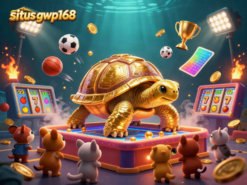 Permainan seru di situs gwp168 dengan kura-kura emas sebagai mesin pinball dan bola berkilau.