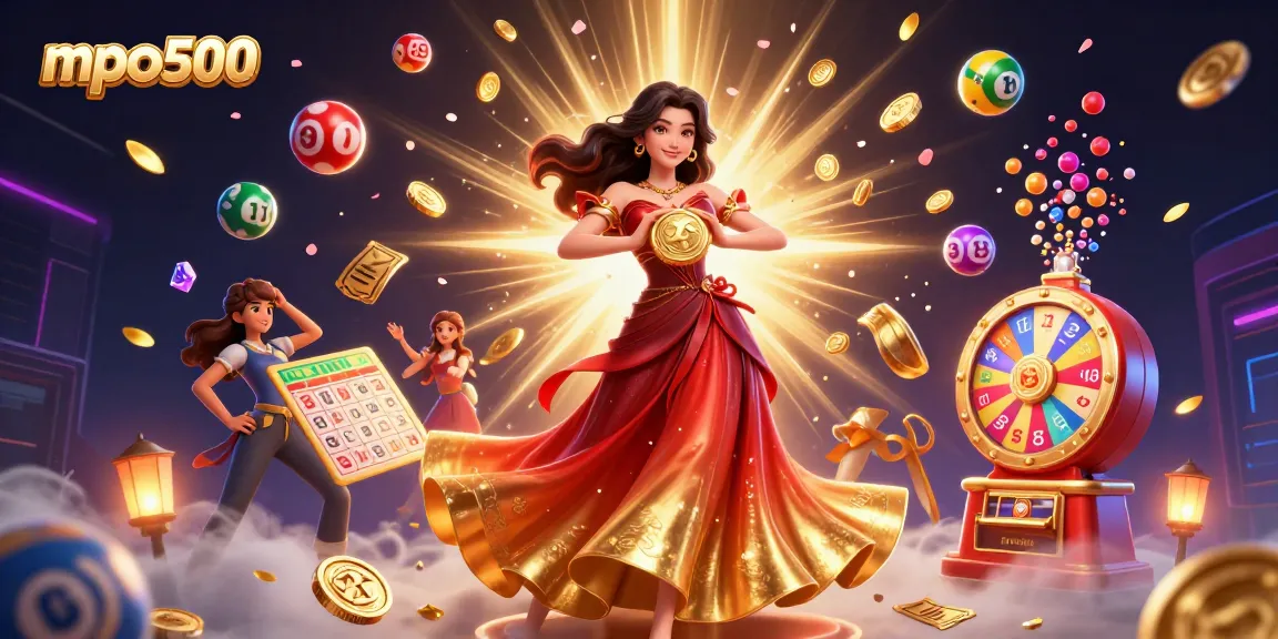 Experience the thrill of mpo500 with a glamorous scene featuring a stunning woman holding a golden coin amidst dynamic lottery elements.