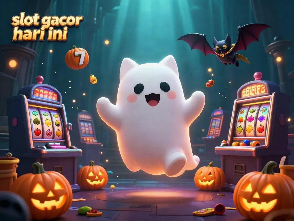 Visualisasi menarik dengan tema slot gacor hari ini, menunjukkan kucing hantu berinteraksi di kasino.