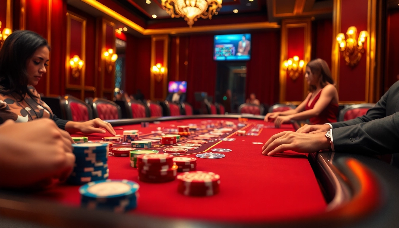 Togel389 menampilkan suasana kasino yang menarik dengan meja permainan dan chip.