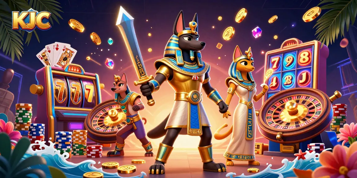KJC slot game action scene with Anubis and Bastet amidst golden coins and vibrant jackpots