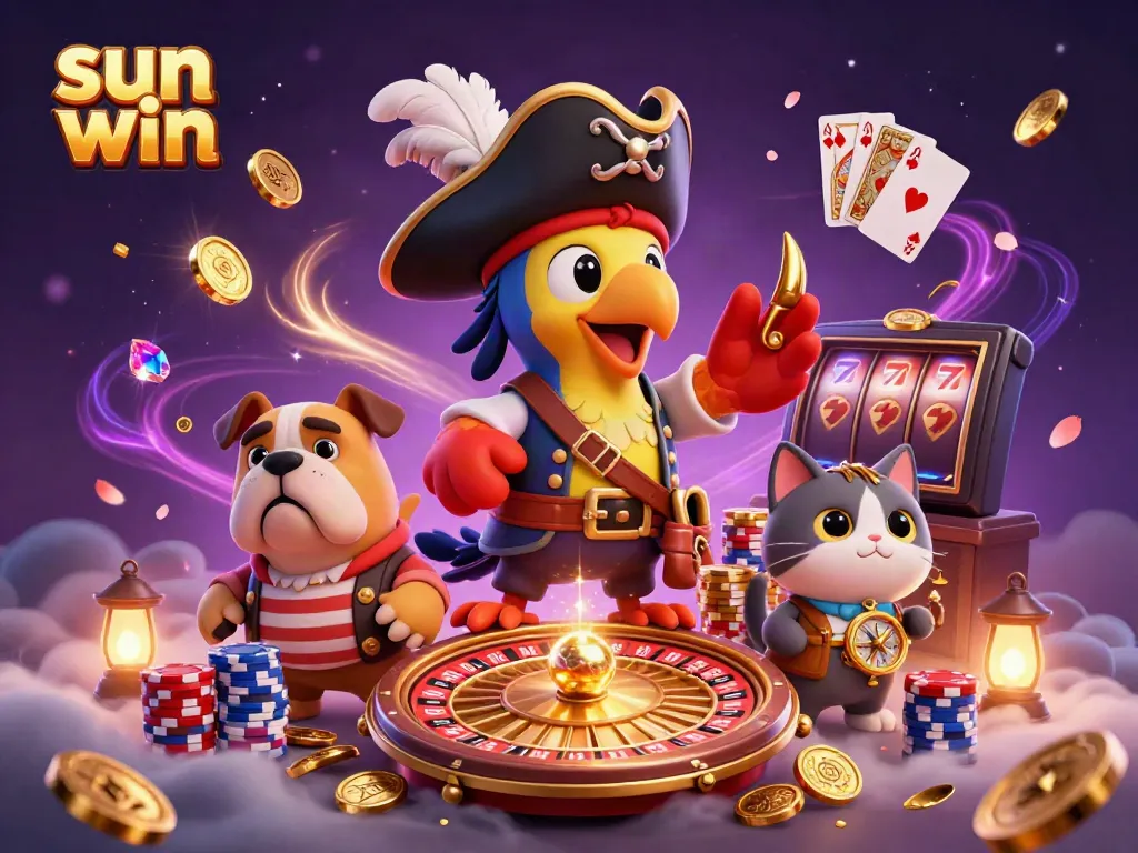 Experience thrilling wins with "sun win" as pirate characters navigate a vibrant 3D casino scene filled with coins and jewels.