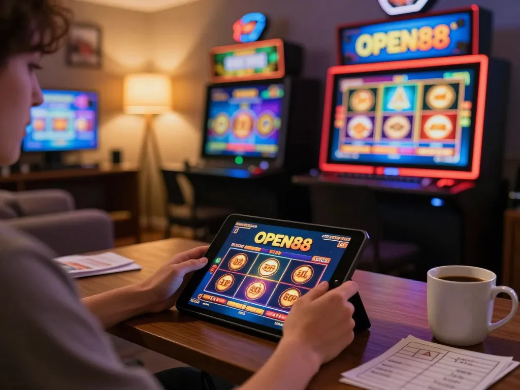 Play OPEN88 slots on a tablet in a cozy home gaming setup with warm lighting