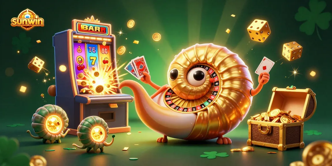 Play exciting casino games at sun-win with a vibrant 3D illustration of a giant nautilus roulette wheel and slot machine.