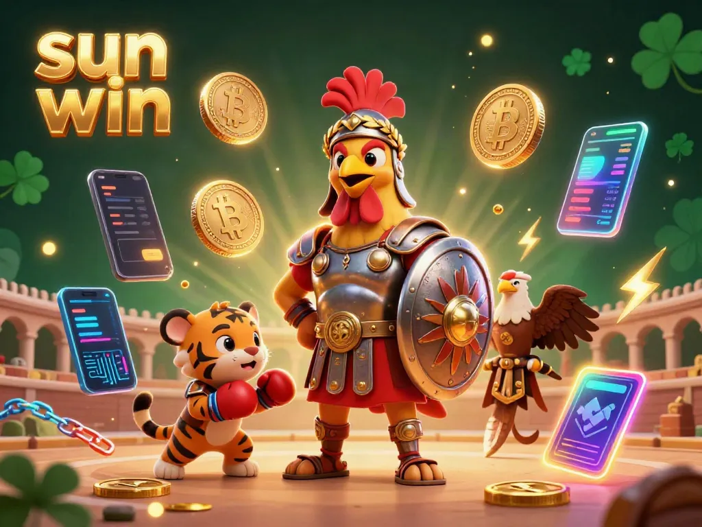 Experience thrilling gameplay with sun win featuring a 3D cartoon rooster in armor amid crypto coins and dynamic gaming elements.