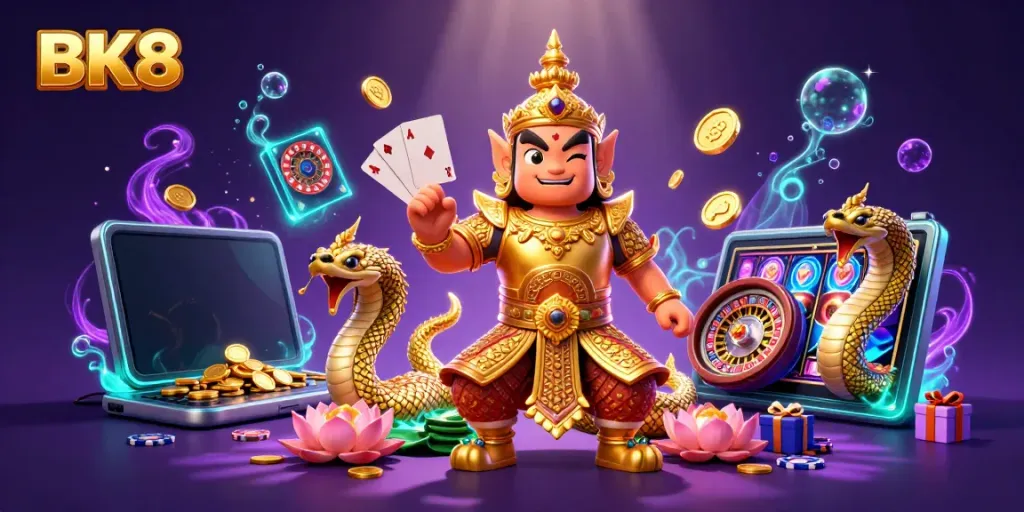 Engage with BK8, a vibrant Thai-themed casino illustration showcasing a yaksha guardian, golden Naga, and dynamic casino elements.
