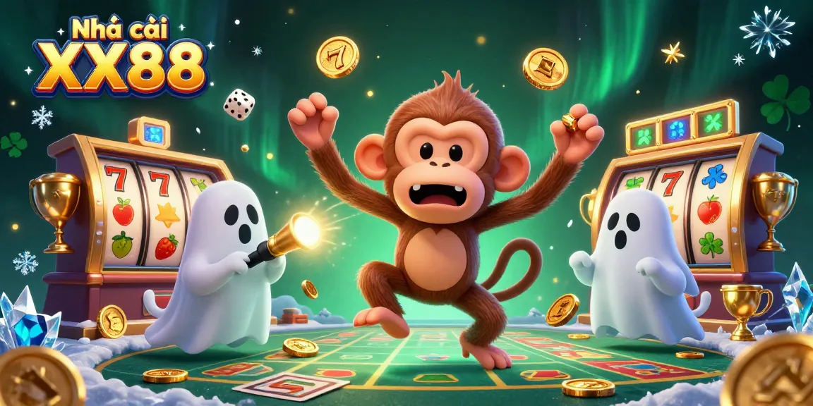 Experience the excitement at Nhà cái XX88 with a lively 3D casino scene featuring a mischievous monkey and ghost-hunter puppy!