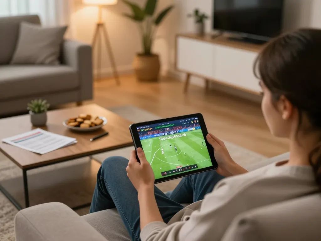 Watching Trực tiếp bóng đá on a tablet at home, enjoying a comfortable gaming setup while betting