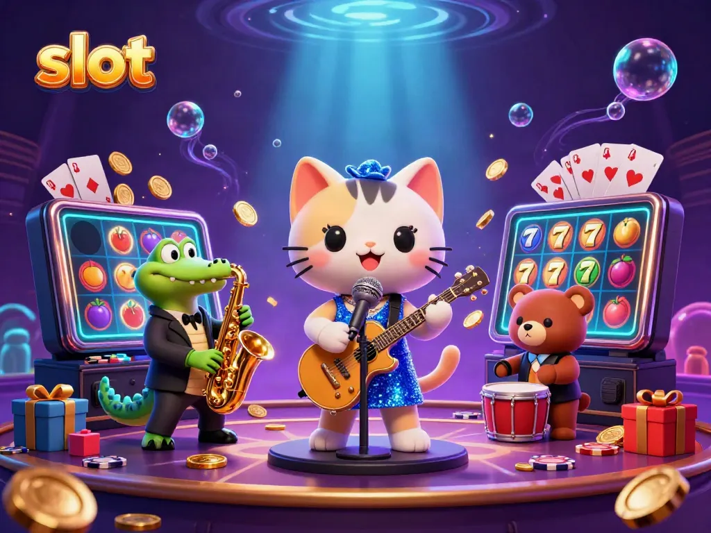 Slot mesin menghasilkan koin emas saat kucing penyanyi jazz, buaya, dan beruang bermain di panggung kasino.