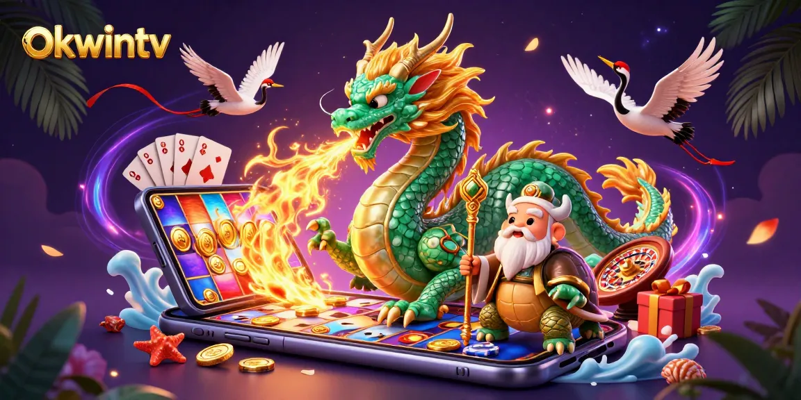 Win big with okwintv’s 3D illustration of fiery dragon and lucky elements for online gambling.