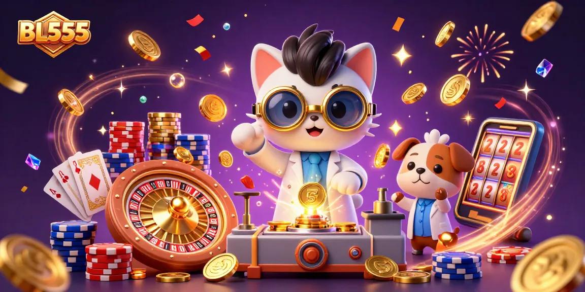 Experience winning at BL555 with a mad scientist cat creating wealth amidst vibrant casino elements.