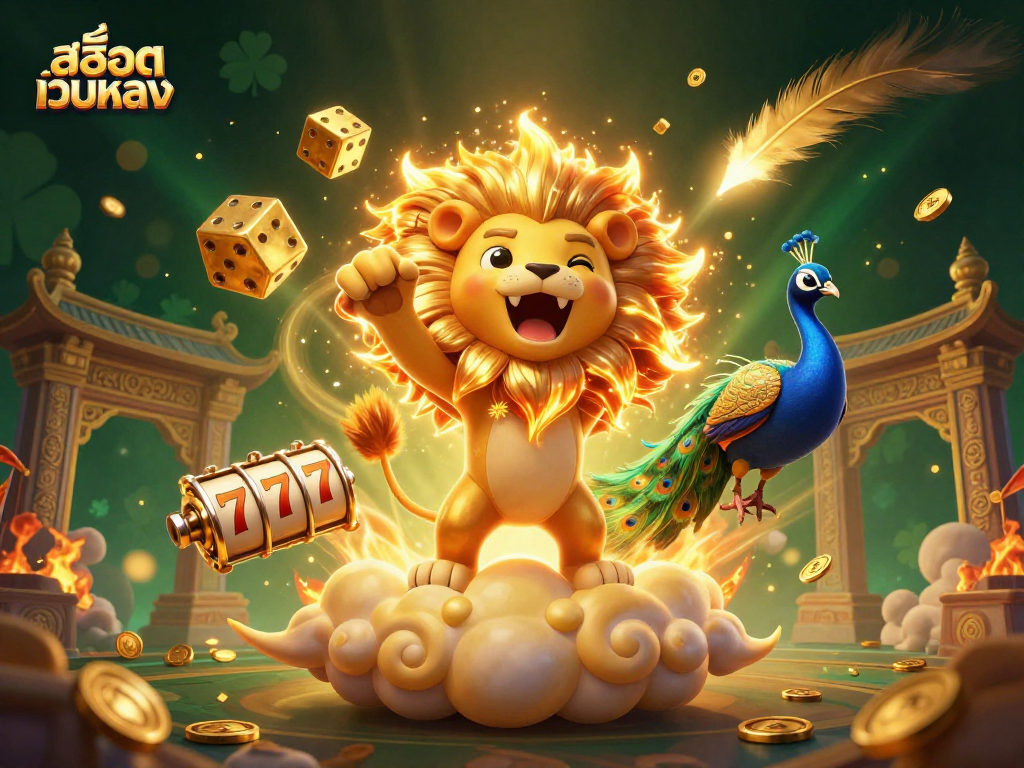 Engage with สล็อตเว็บตรง in a vibrant 3D casino scene showcasing spinning dice, golden elements, and dynamic slots.