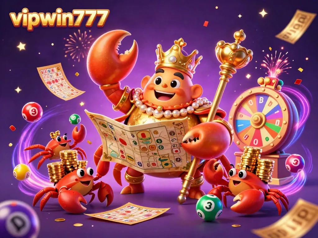 Experience the excitement of vipwin777 with a vibrant 3D illustration featuring a crab emperor amidst lottery elements.