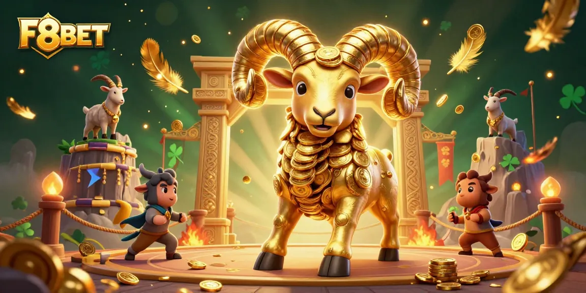 Experience thrilling action with F8BET as the golden ram charges triumphantly in a vibrant casino arena.