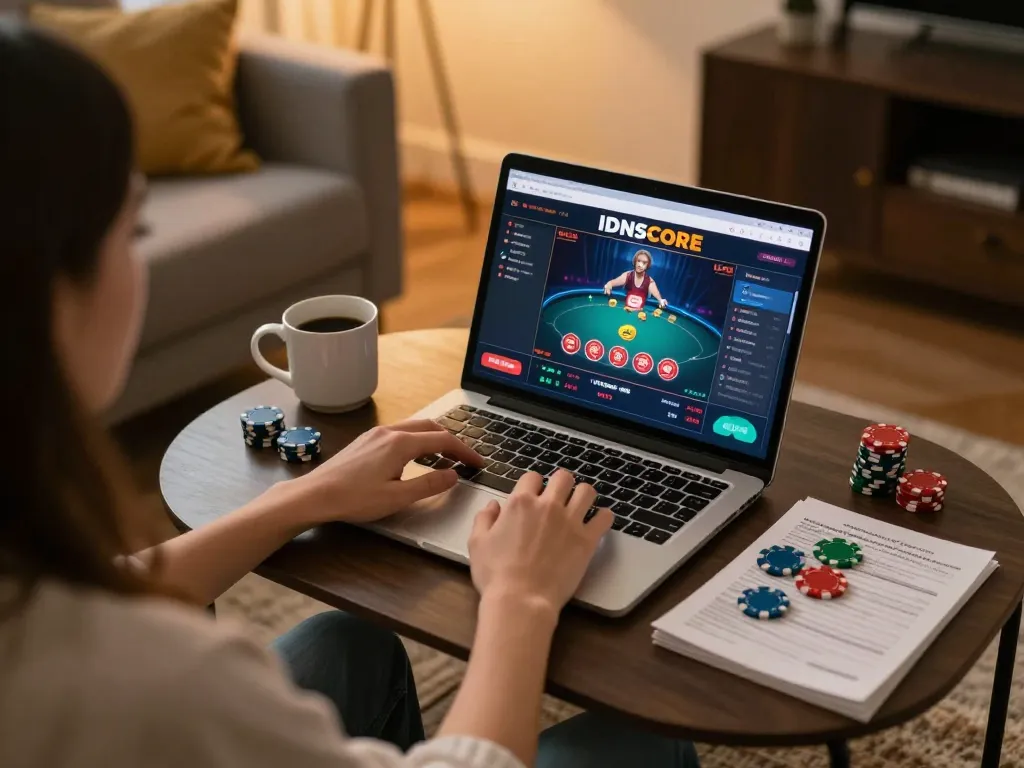 IDNSCORE online poker gameplay scene with a user strategizing on a laptop.