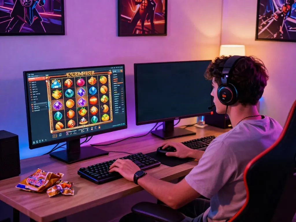 Player engaged in a slot game on a dual-monitor setup showcasing vibrant graphics and a lively atmosphere
