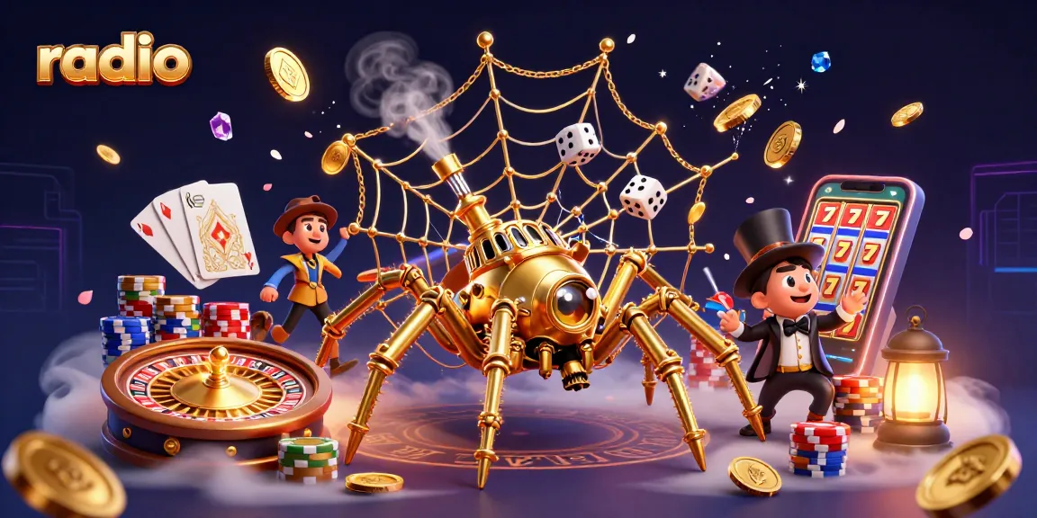 Spin and win with dynamic casino elements as the radio-themed characters catch luck in their web.