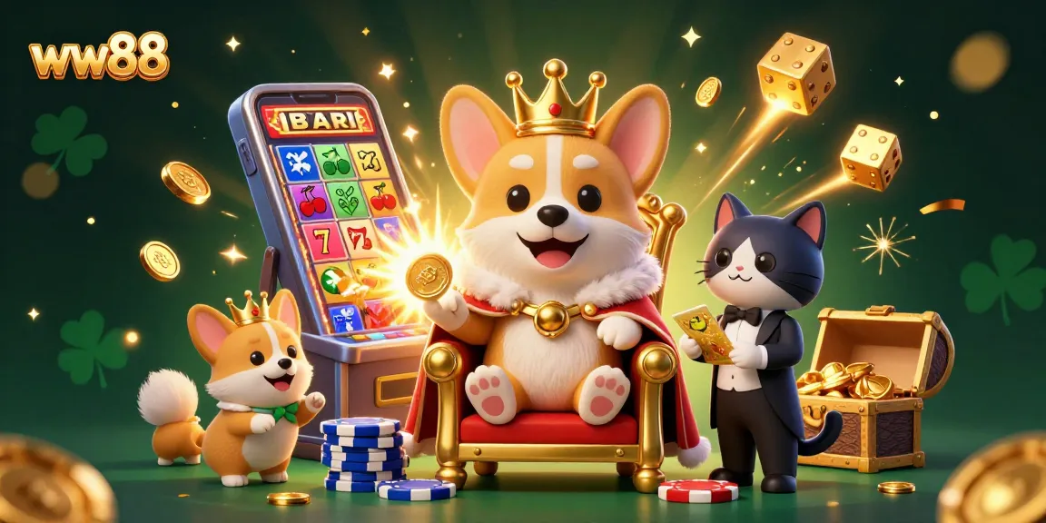 Win big at ww88 with an exciting illustration of casino action, featuring a royal corgi surrounded by vibrant games.