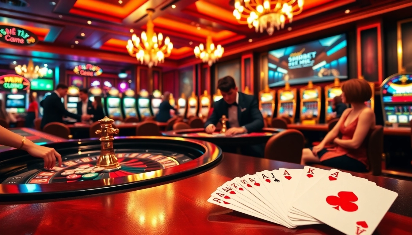 Thrilled gamblers engaging with the shbet link mới at an elegant casino, showcasing vibrant slot machines and poker tables.