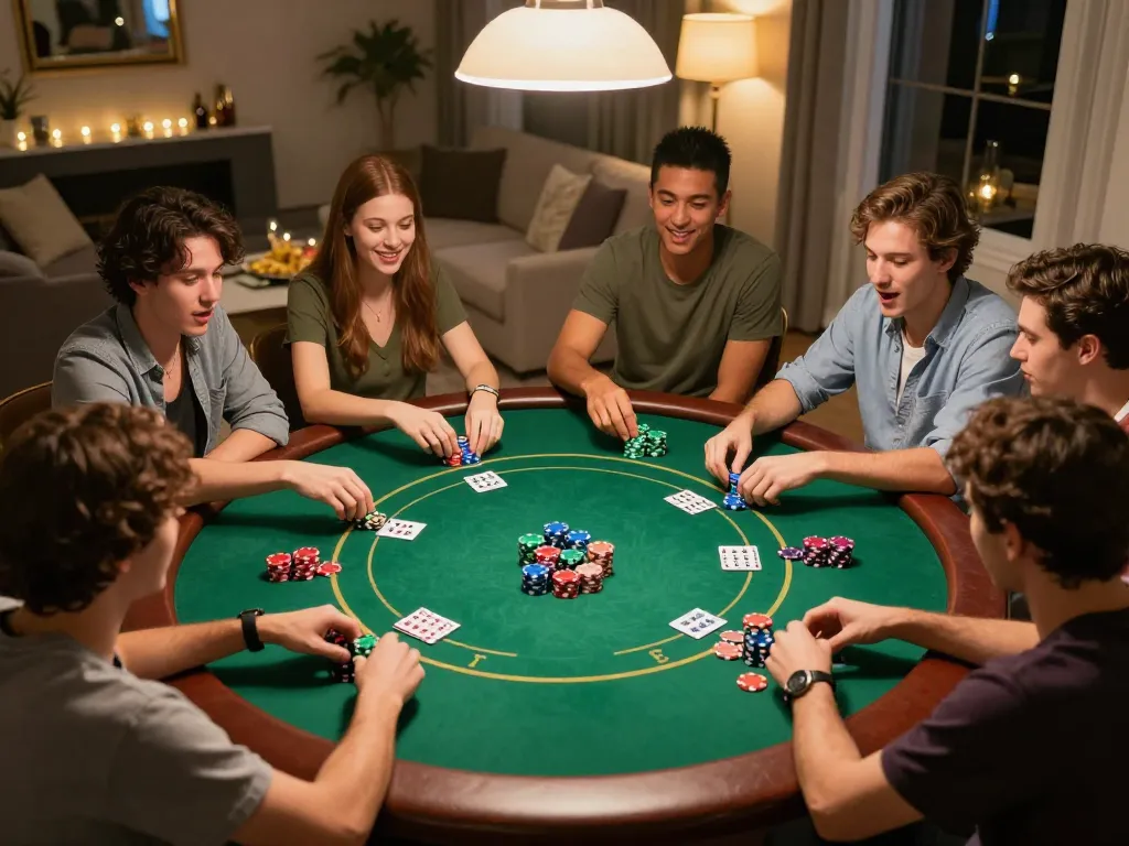 Friends enjoying poker game at home, showcasing vibrant poker chips with botanicabali atmosphere.