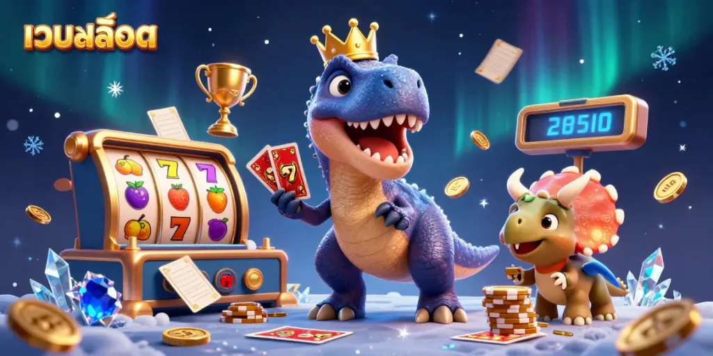 ภาพประกอบการ์ตูน 3 มิติ เว็บสล็อต แสดง T-Rex สับไพ่และ Triceratops สะสมชิปทอง