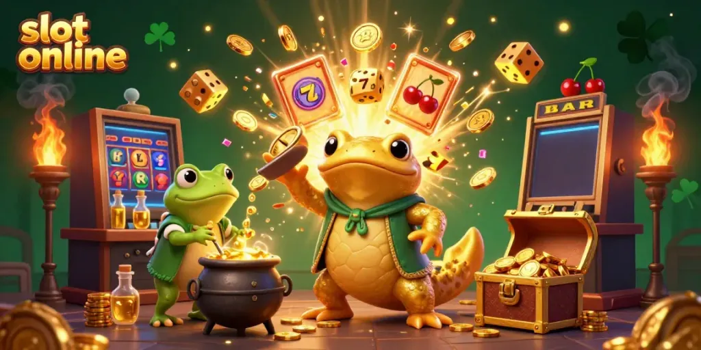 Experience slot online thrills with a golden salamander alchemist amidst a jackpot explosion of coins.
