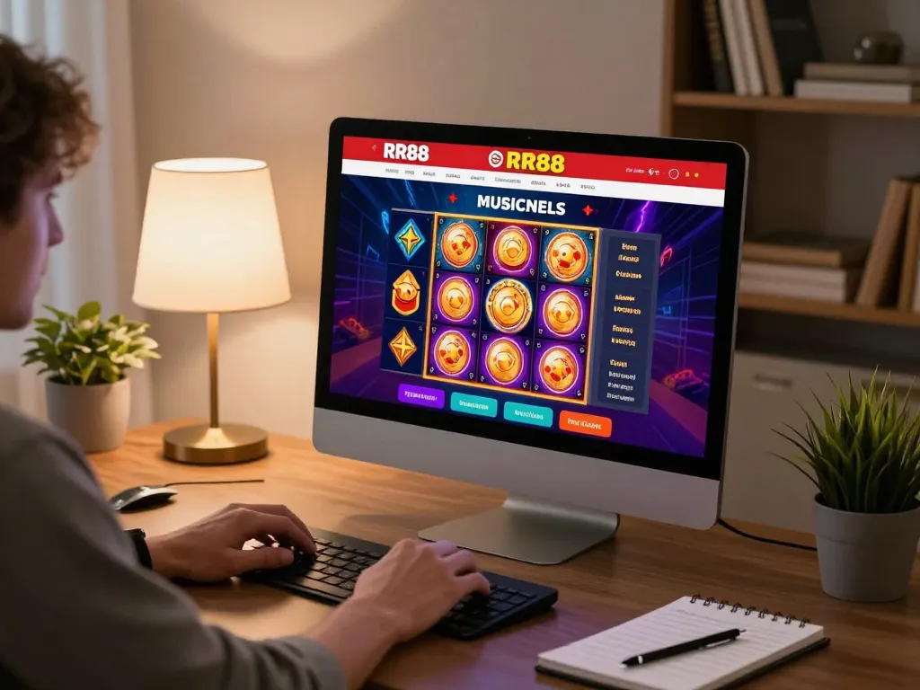 A player enjoys RR88 online casino games from a stylish home desk, showcasing vibrant slot action