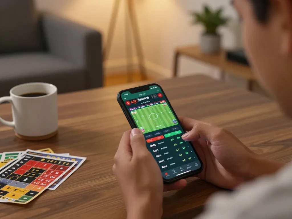 Placing bets using kèo nhà cái on a smartphone in a cozy home environment.