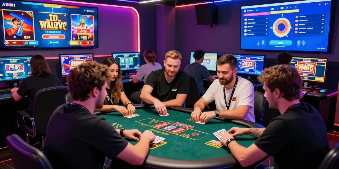Enthusiastic players engaging in online games at https://gamebaidoithuong.is/ with vibrant neon lights and digital screens showcasing live promotions.