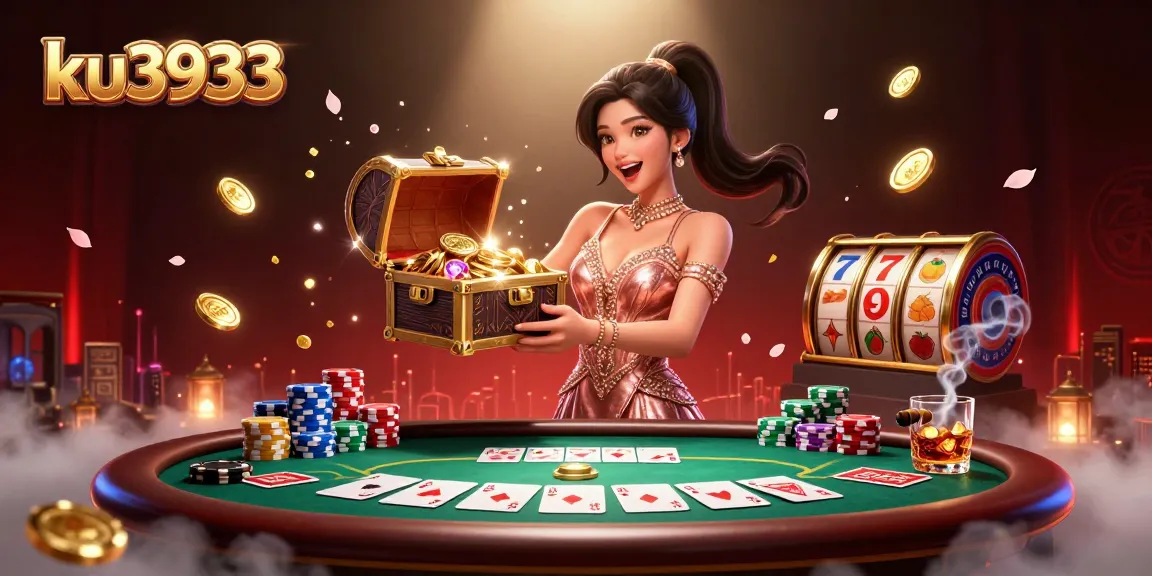 ku3933 promoting excitement at a vibrant casino scene with a treasure chest overflowing with riches.