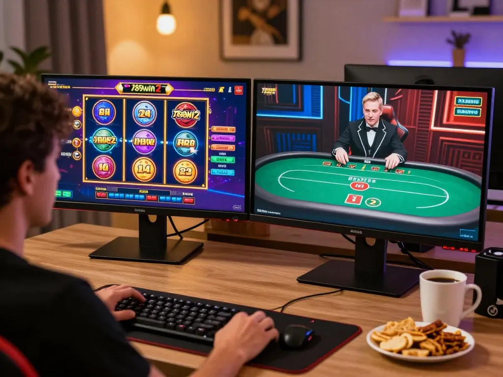 Person engaged in online gaming at a modern desk, showcasing 789win2 slot game and live poker.