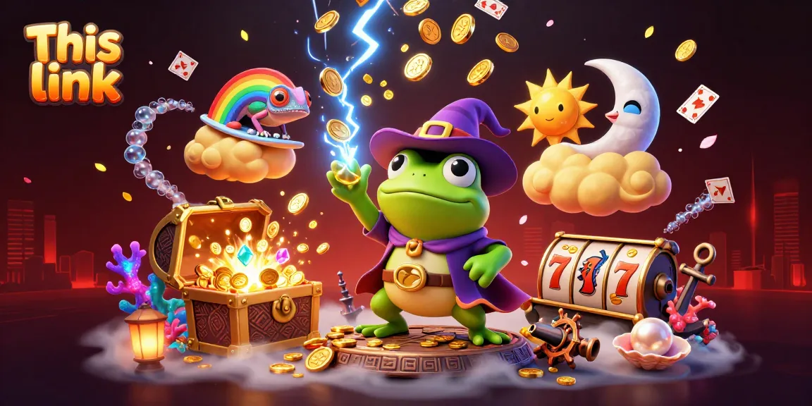 Experience This link as a vibrant casino-themed 3D illustration with magical creatures and action-packed elements.