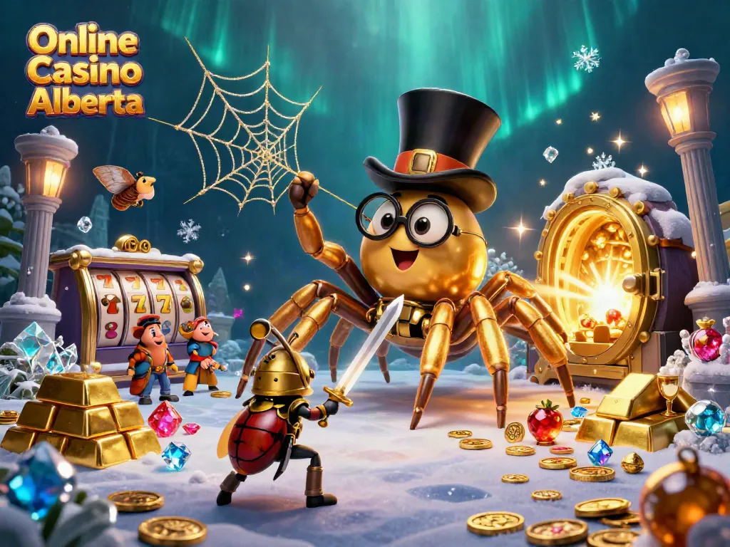 Engage in thrilling action at Online Casino Alberta with lively illustrations depicting games, winnings, and excitement.