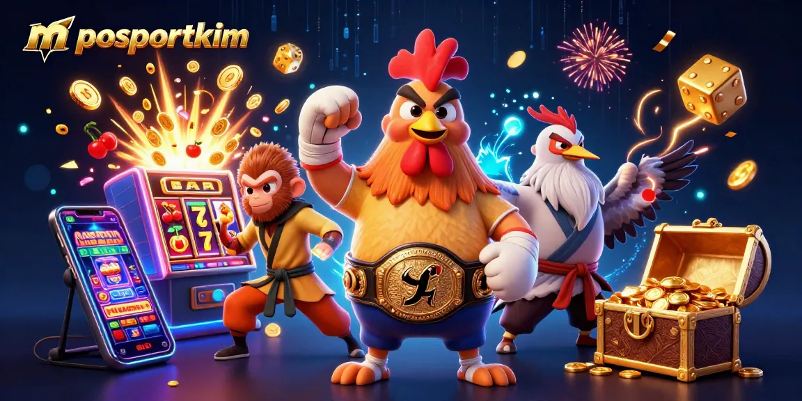Engage with mposportkim through vibrant casino adventures with a Muay Thai rooster and friends.