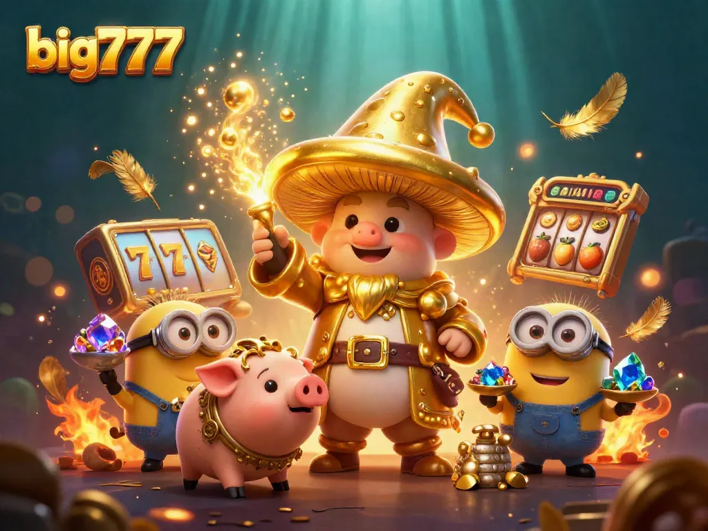 Experience big777 slots magic with a golden wizard, vibrant coins, and jackpot excitement!
